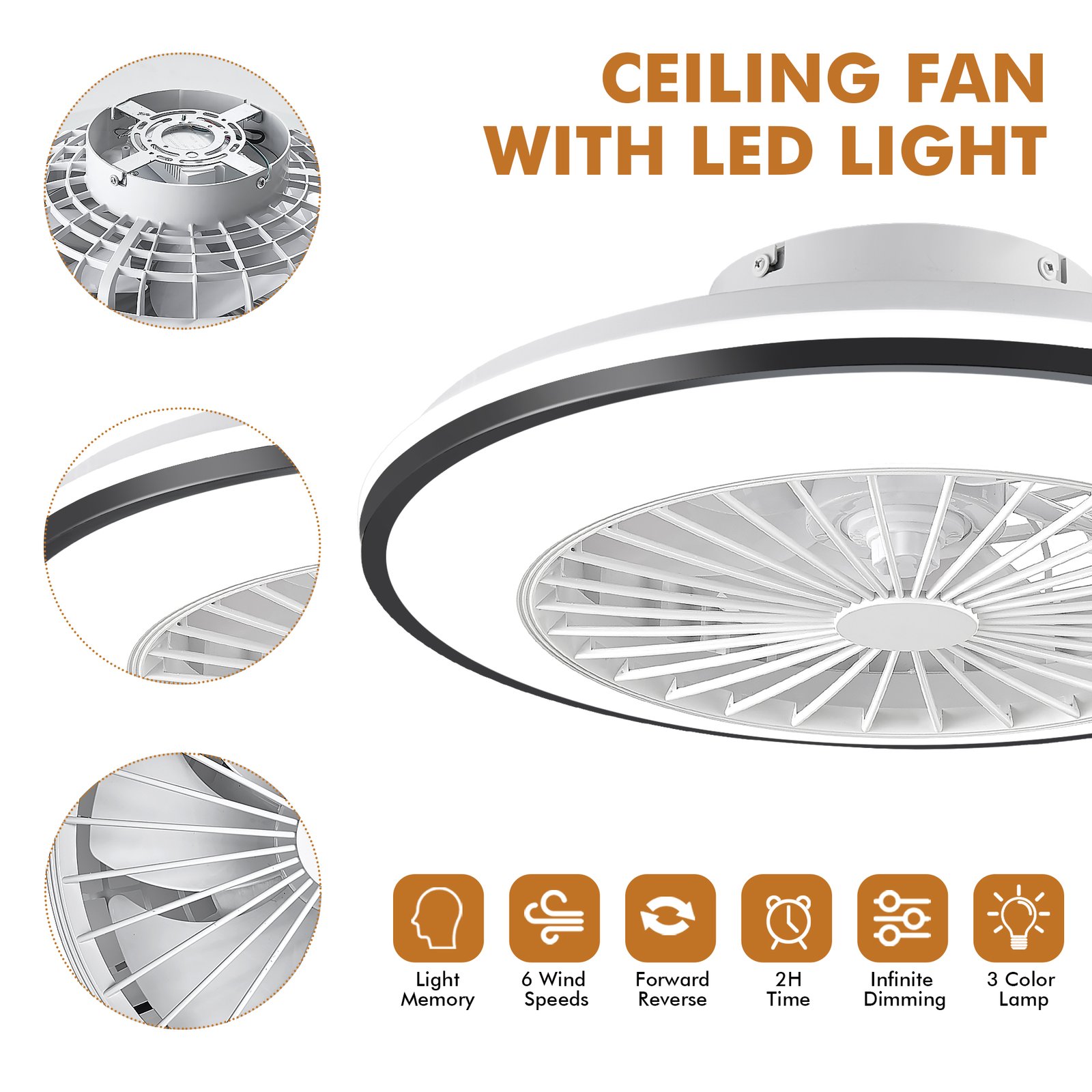 1076 Black Flush Mount Bladeless Fan Light (6)